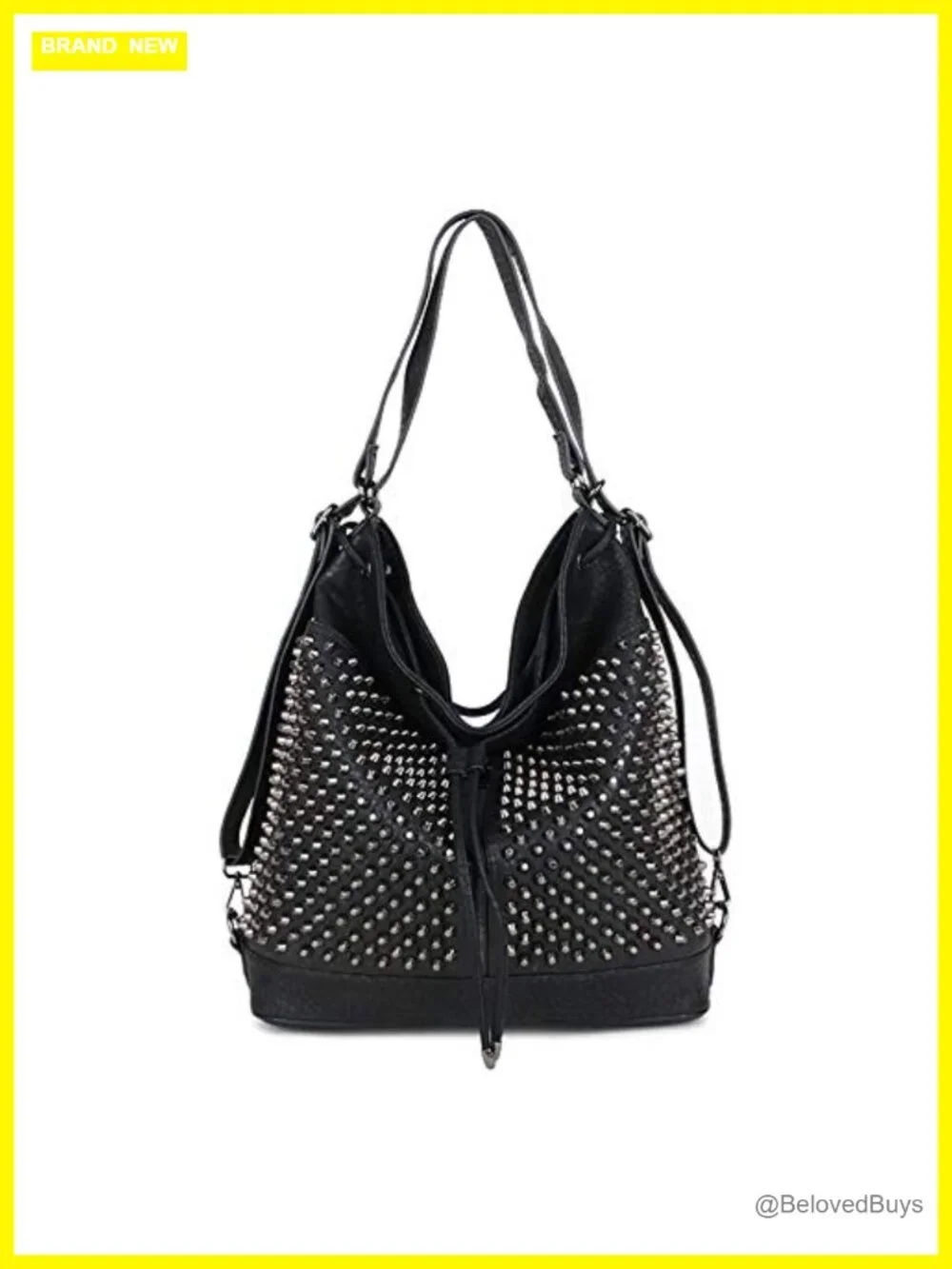 Oversized Studded Bucket Bag Vegan Leather 3-in-1 Convertible Backpack Crossbody